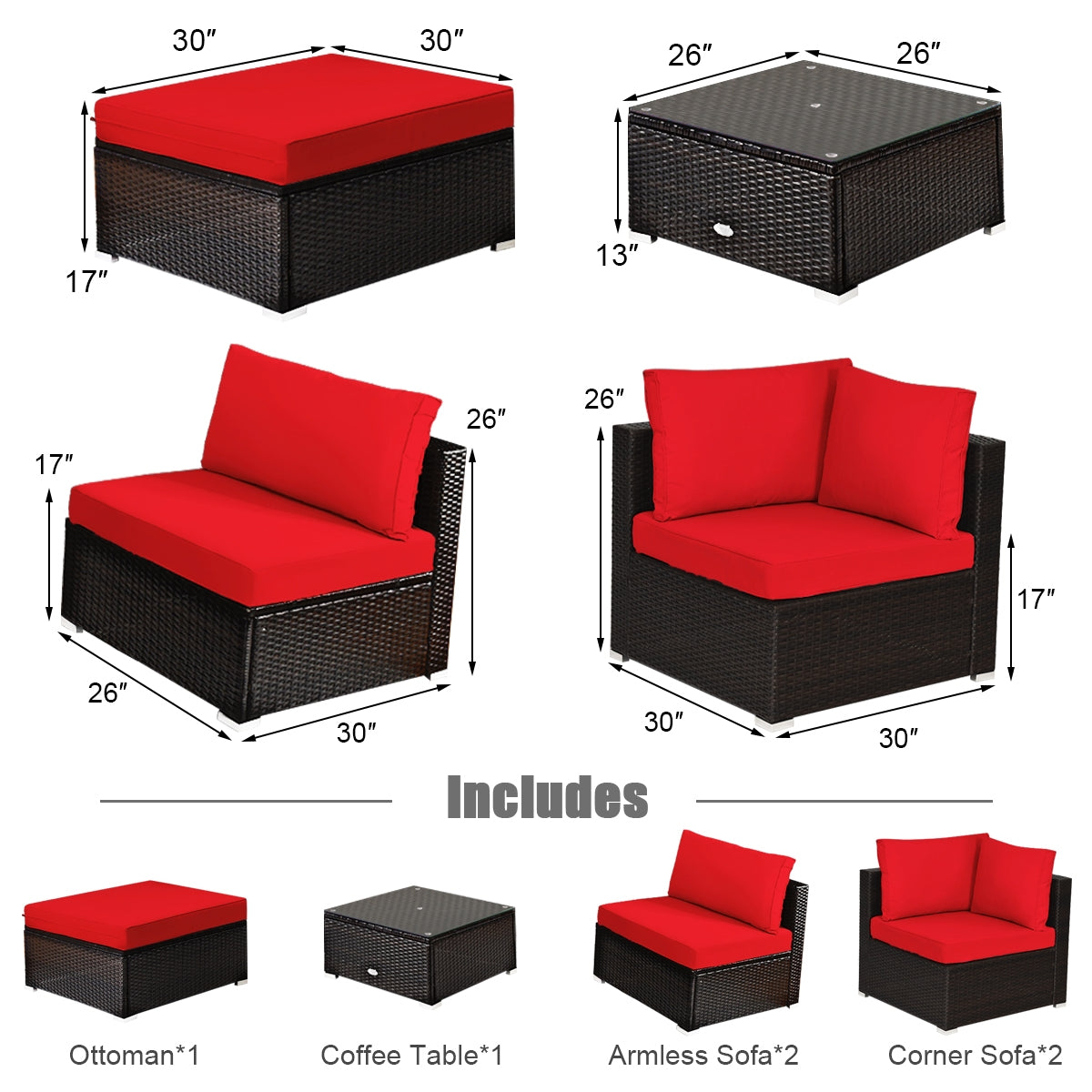 6 Pieces Outdoor Patio Rattan Furniture Set Sofa Ottoman, Red Outdoor Sectionals at Gallery Canada