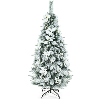 Pre-lit Snow Flocked Christmas Tree with Berries and Poinsettia Flowers-5', White - Gallery Canada