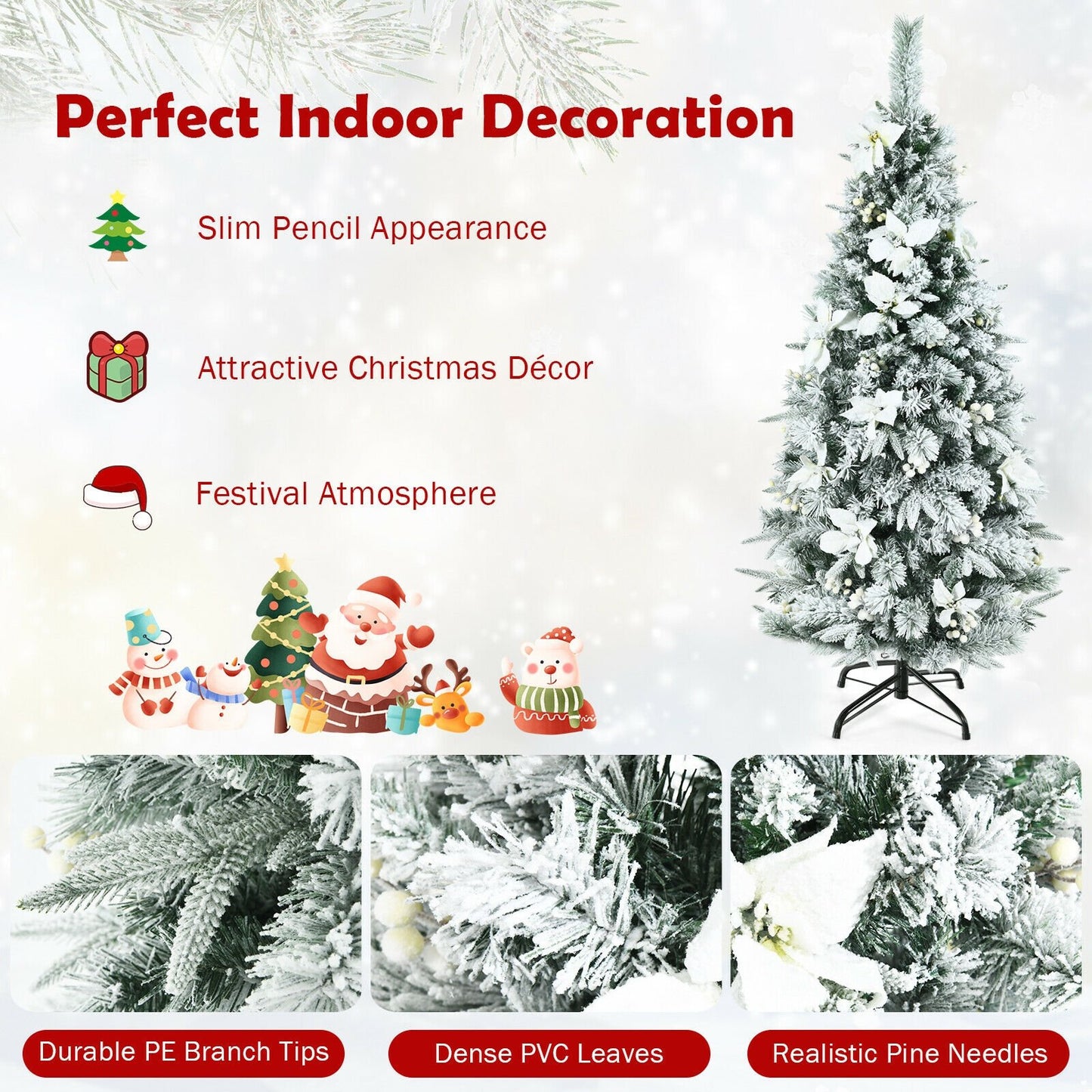 Pre-lit Snow Flocked Christmas Tree with Berries and Poinsettia Flowers-5', White - Gallery Canada