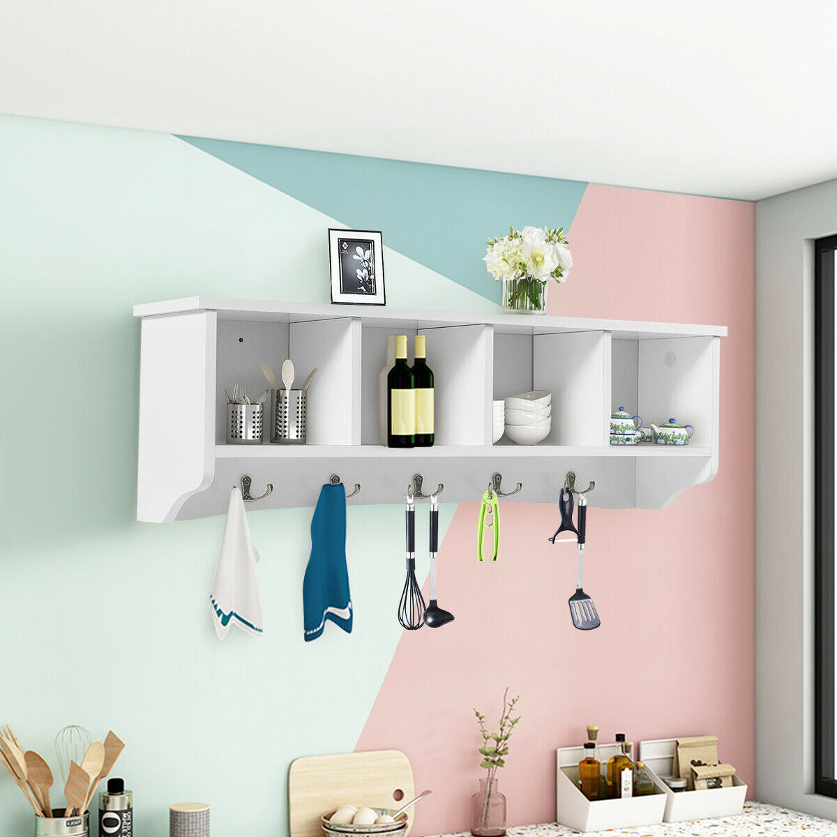 Wall Mounted Storage Cabinet, Hanging Entryway Shelf Coat Rack, White Coat Racks & Hall Trees at Gallery Canada