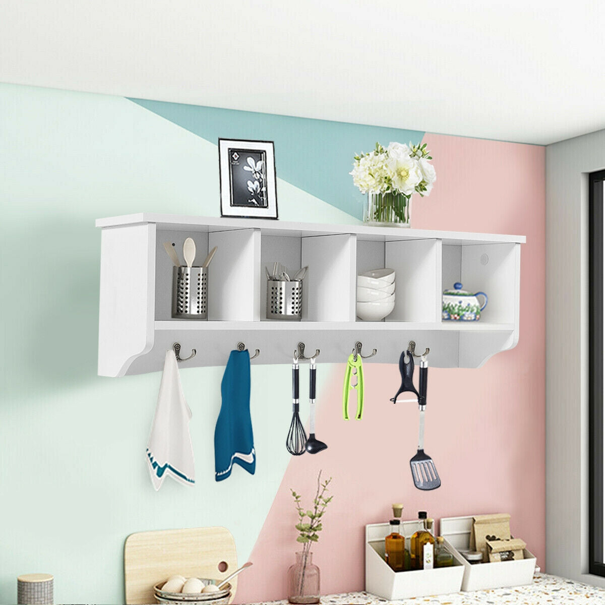 Wall Mounted Storage Cabinet, Hanging Entryway Shelf Coat Rack, White Coat Racks & Hall Trees at Gallery Canada