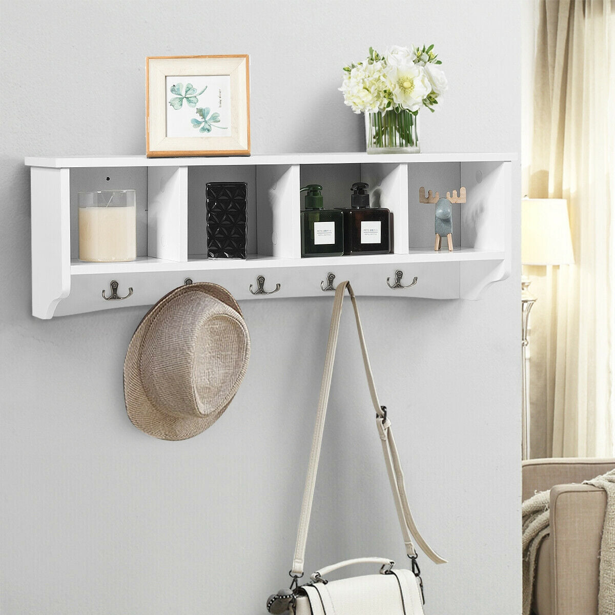 Wall Mounted Storage Cabinet, Hanging Entryway Shelf Coat Rack, White Coat Racks & Hall Trees at Gallery Canada