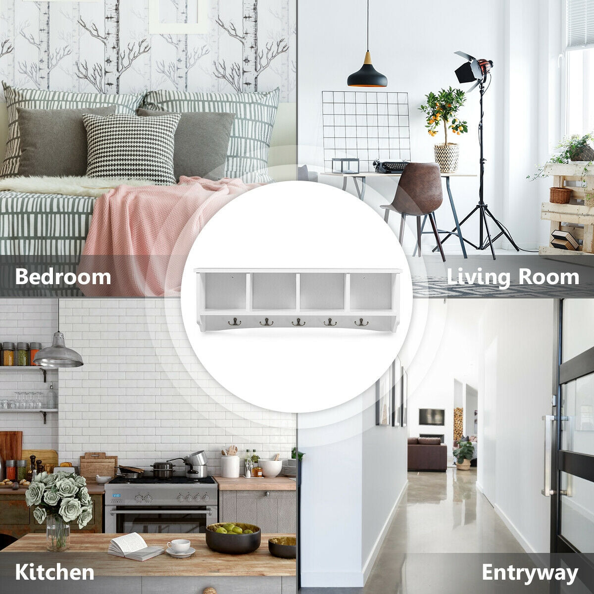 Wall Mounted Storage Cabinet, Hanging Entryway Shelf Coat Rack, White Coat Racks & Hall Trees at Gallery Canada