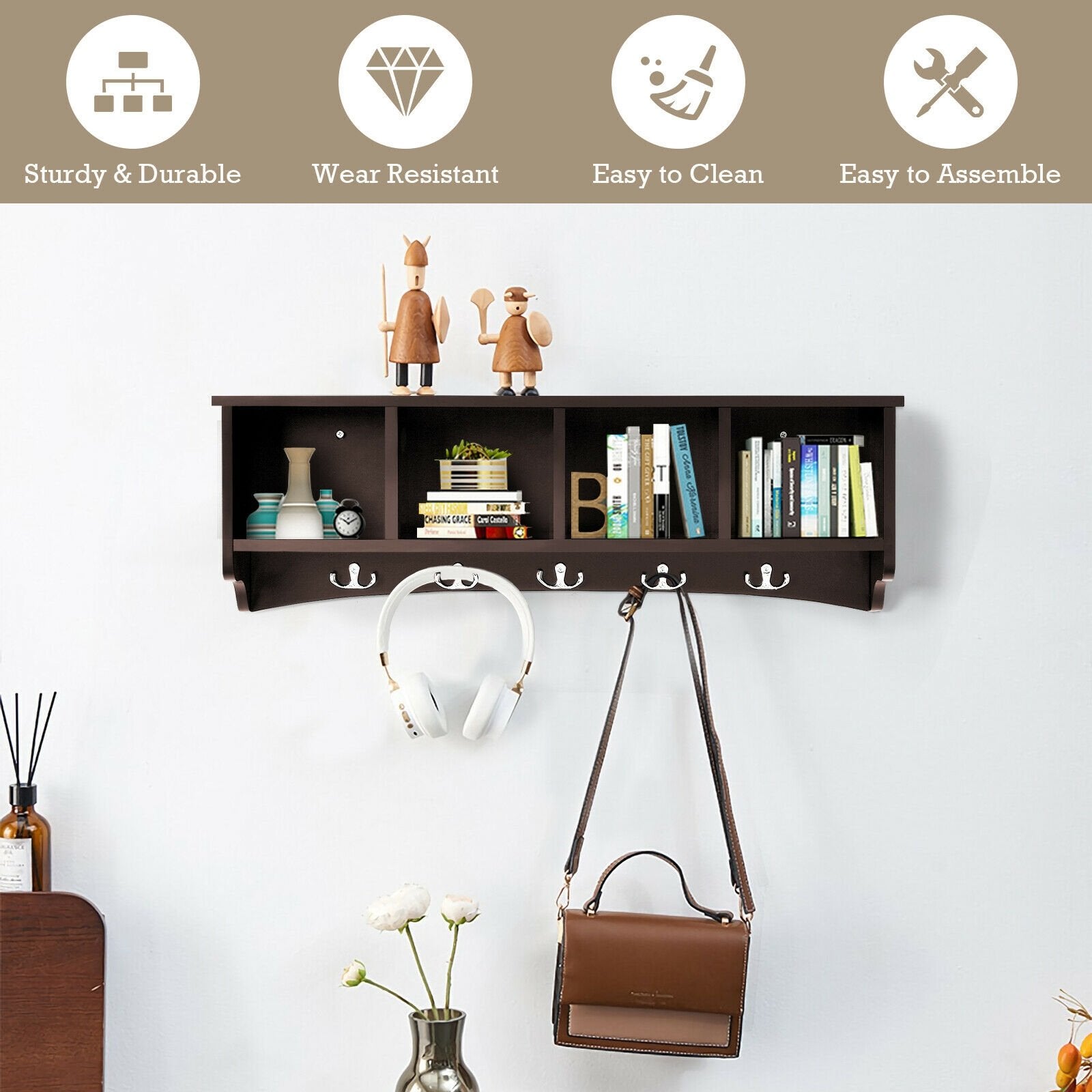 Hanging Entryway Shelf Coat Rack Wall Mounted Storage Cabinets, Brown at Gallery Canada