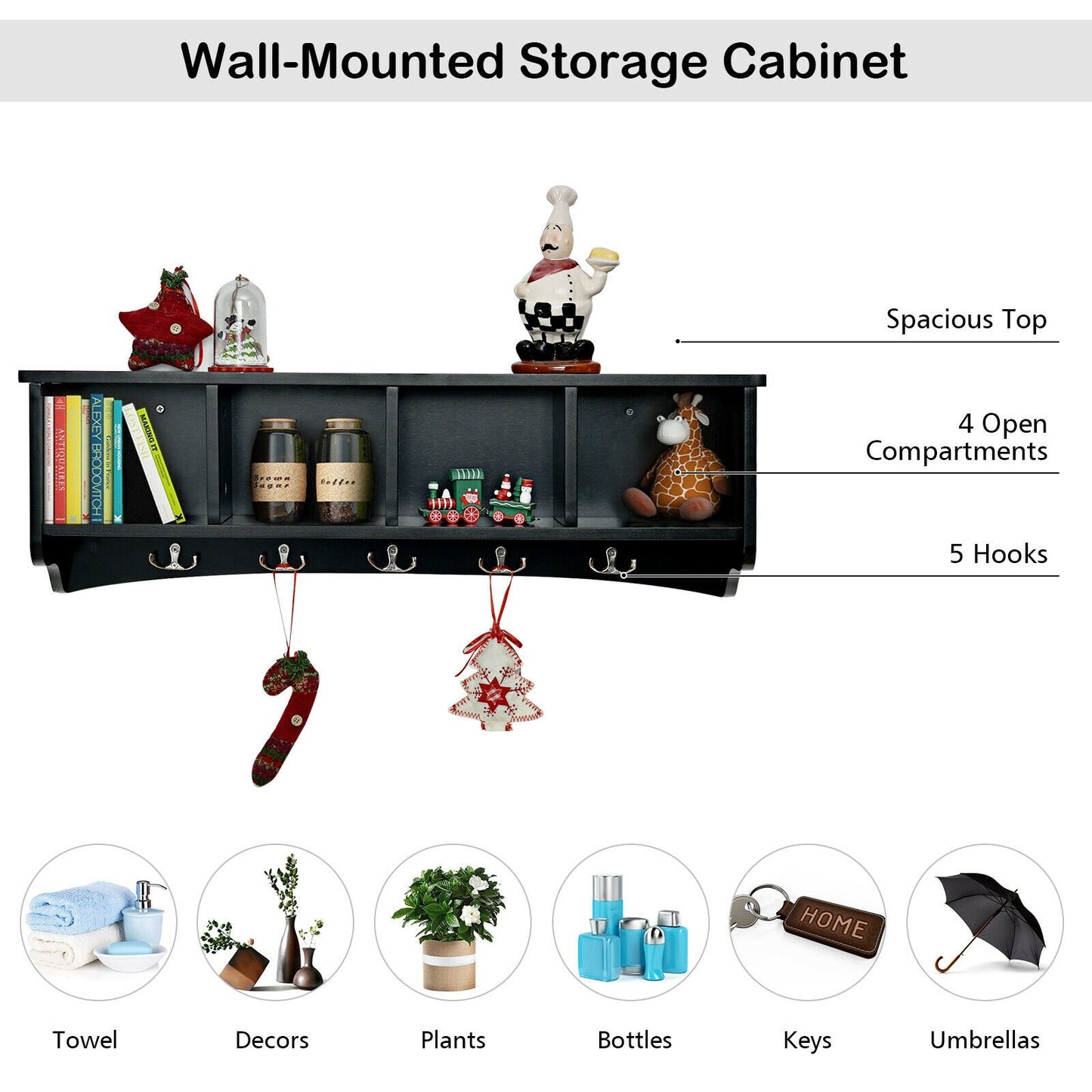 Hanging Entryway Shelf Coat Rack Wall Mounted Storage Cabinets, Black - Gallery Canada