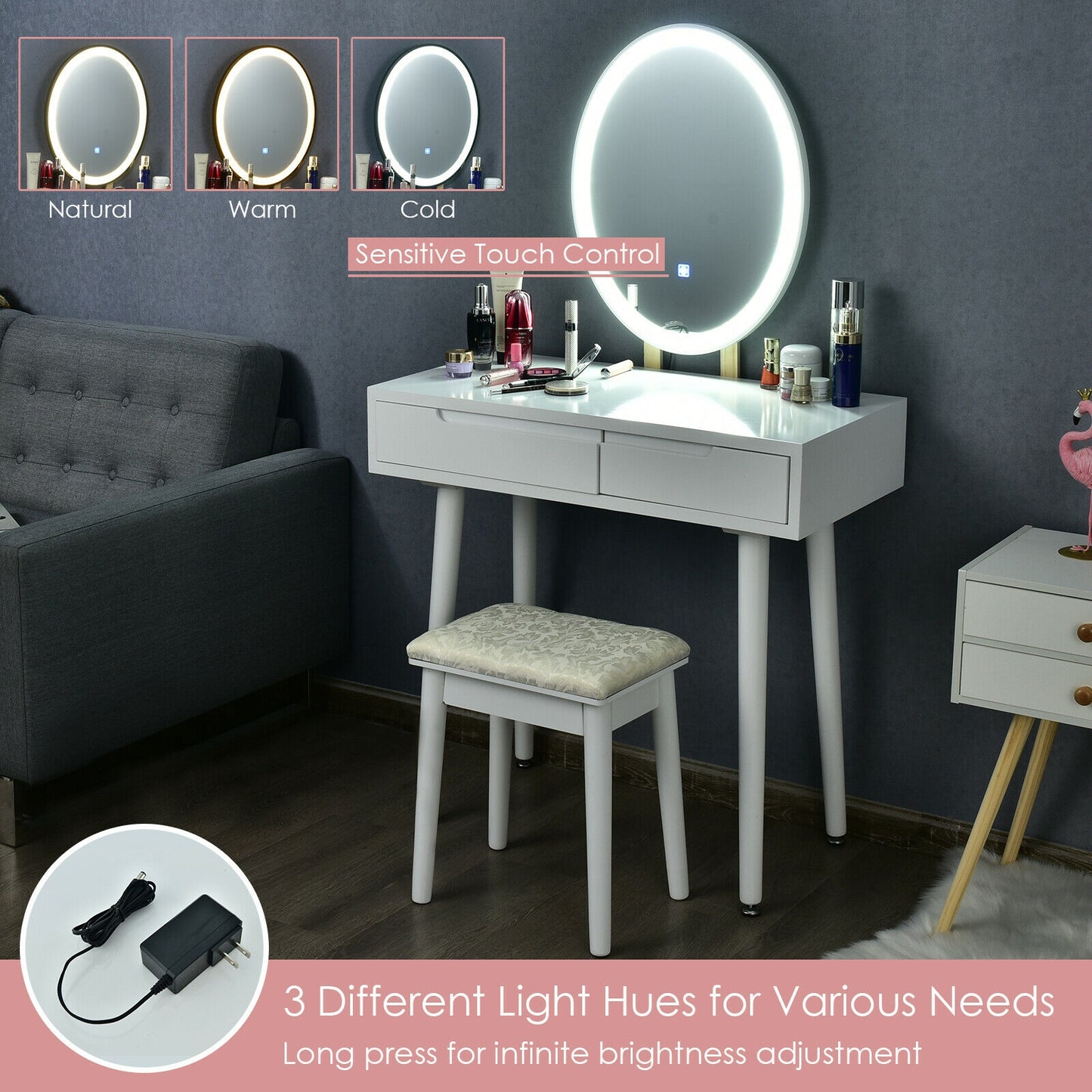 Touch Screen Vanity Makeup Table Stool Set, White Makeup Vanities at Gallery Canada