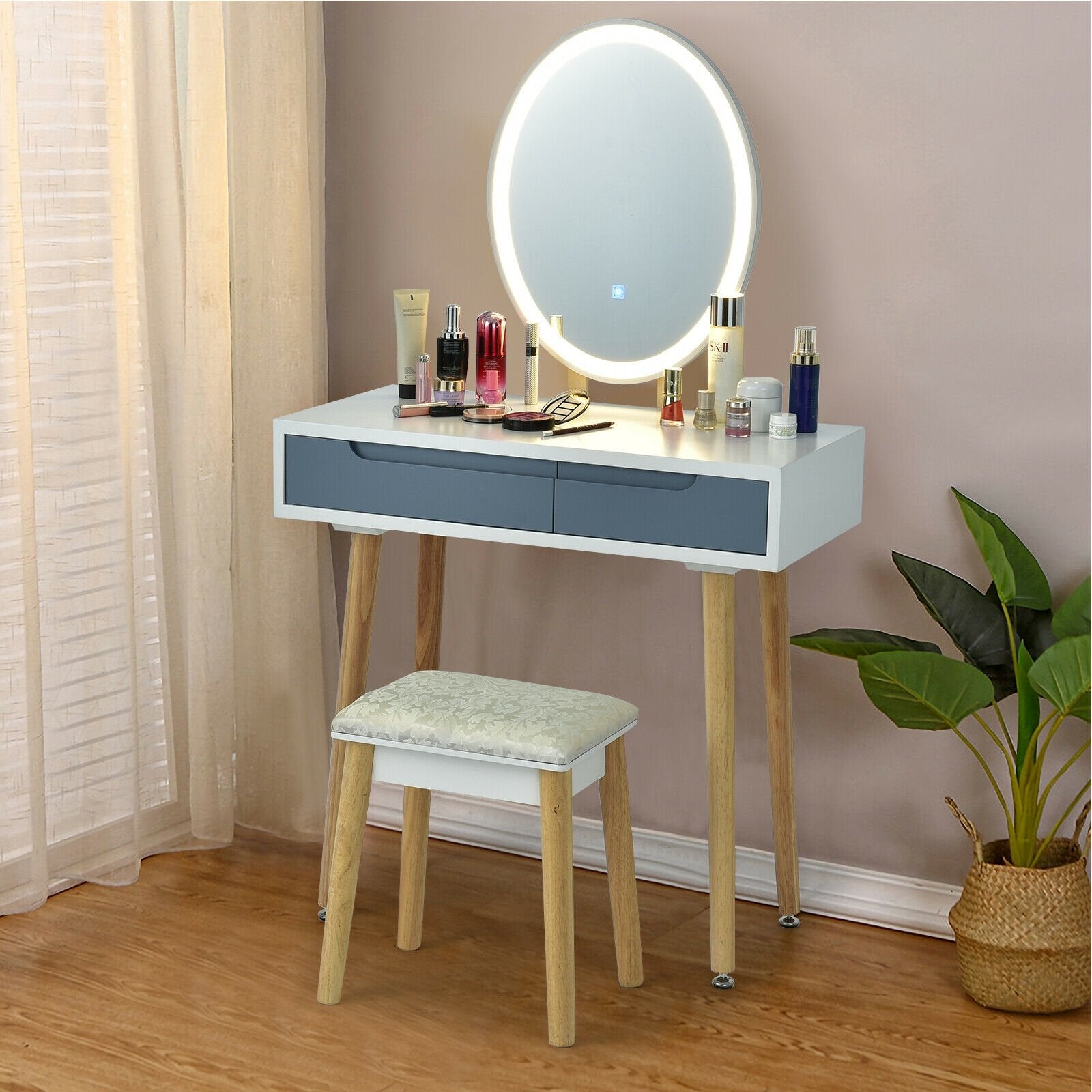 Touch Screen Vanity Makeup Table Stool Set, Gray - Gallery Canada