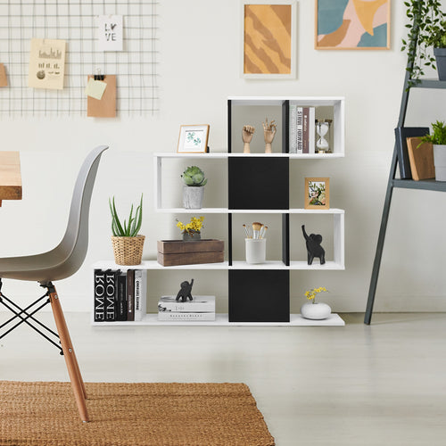 5-Tier Bookshelf Corner Ladder Bookcase with Storage Rack, Black & White