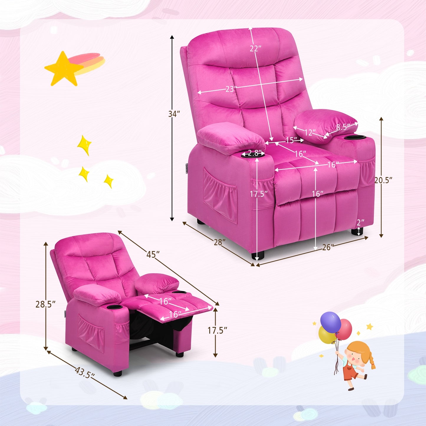 Kids Recliner Chair With Cup Holder, Footrest, Pink Kids Chairs & Seating at Gallery Canada