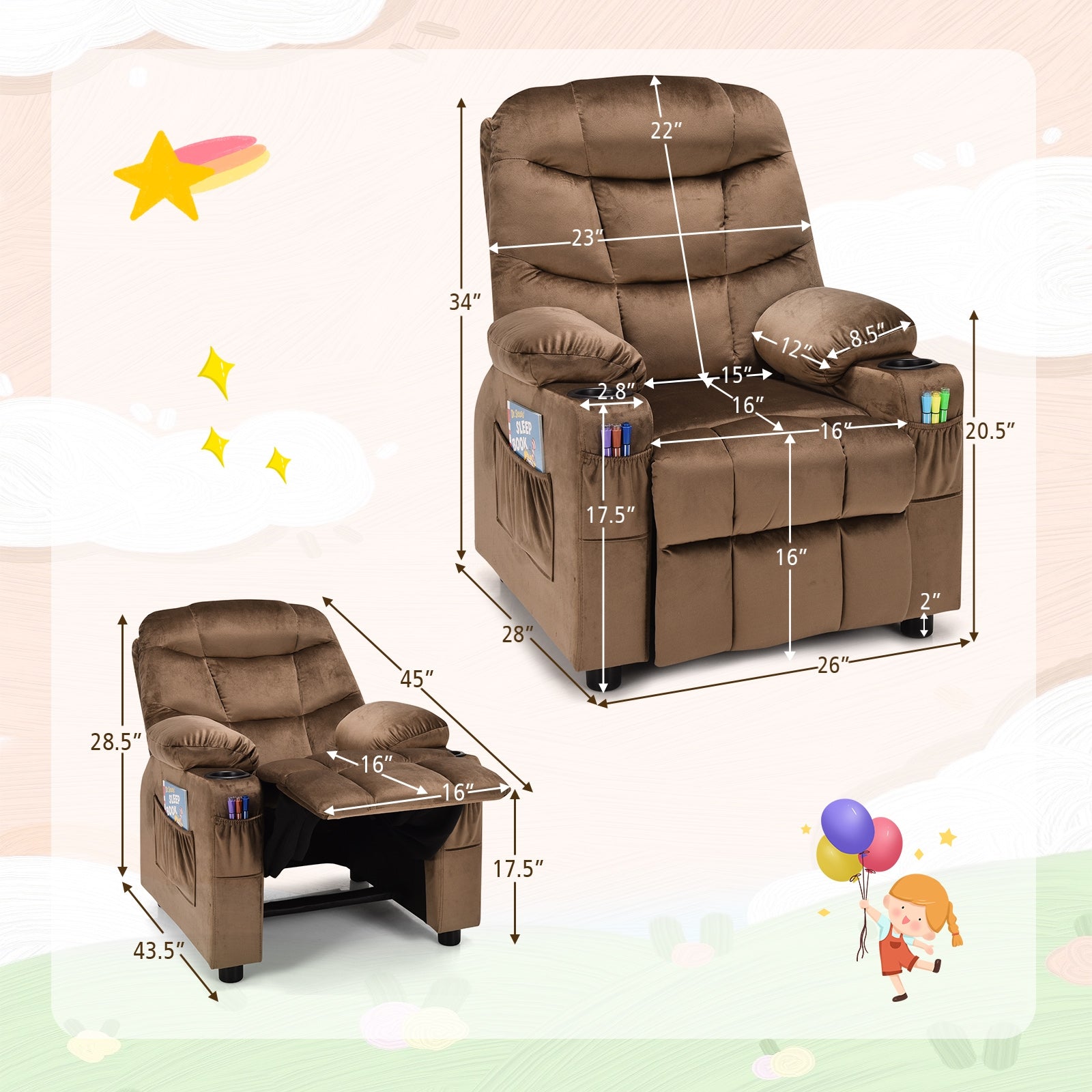 Kids Recliner Chair With Cup Holder, Footrest, Light Brown Kids Chairs & Seating at Gallery Canada