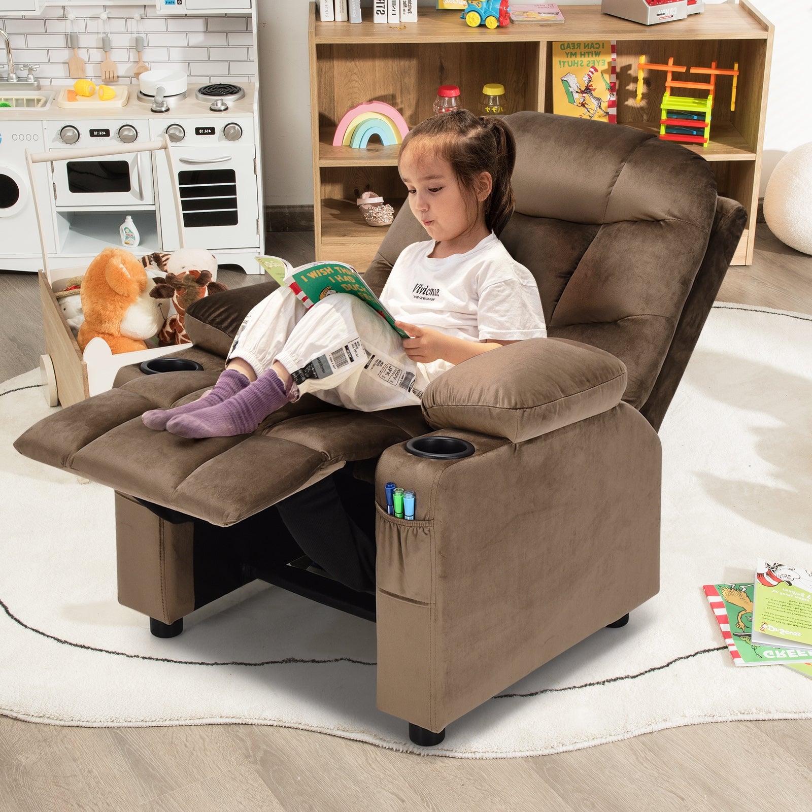 Kids Recliner Chair With Cup Holder, Footrest, Light Brown Kids Chairs & Seating at Gallery Canada