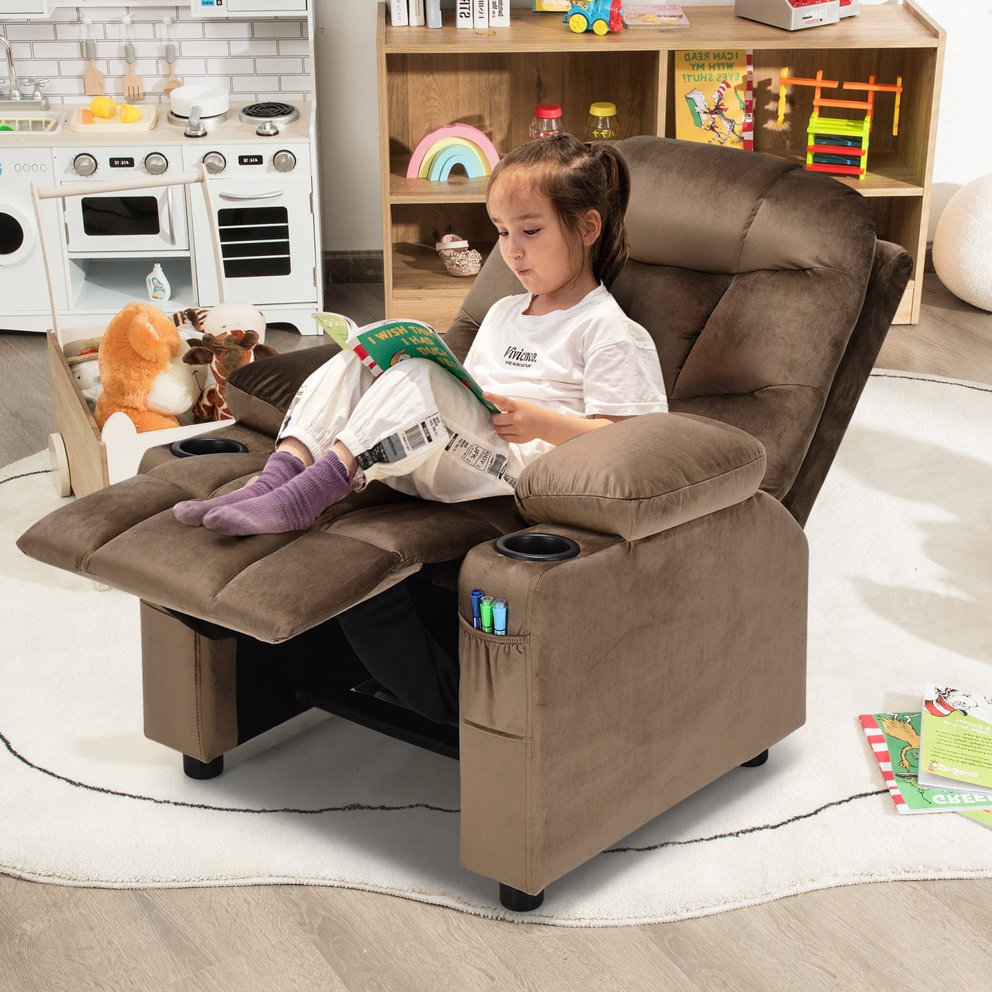 Kids Recliner Chair With Cup Holder, Footrest, Light Brown Kids Chairs & Seating at Gallery Canada