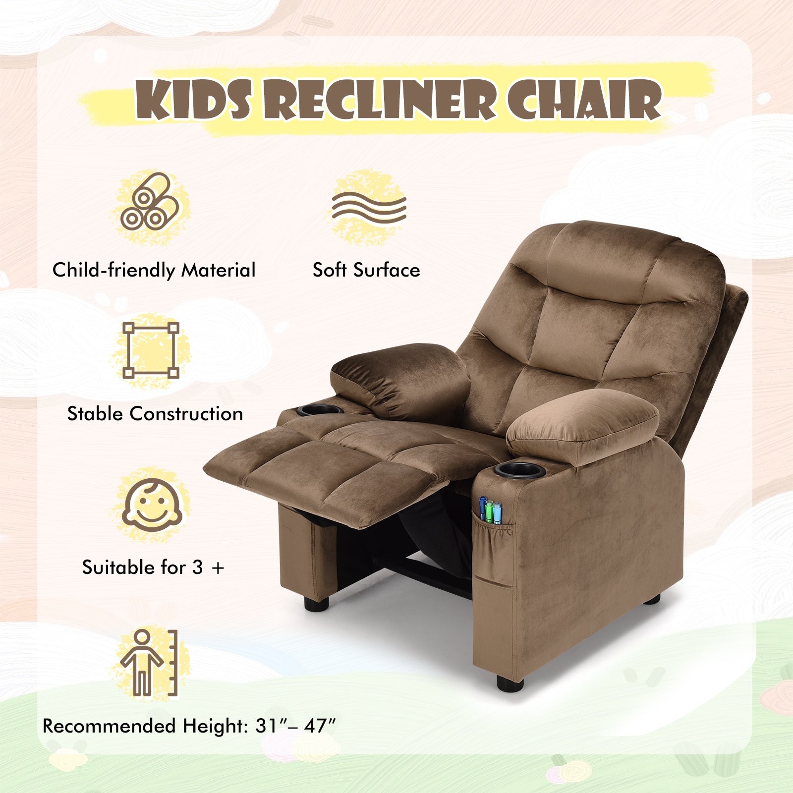 Kids Recliner Chair With Cup Holder, Footrest, Light Brown Kids Chairs & Seating at Gallery Canada