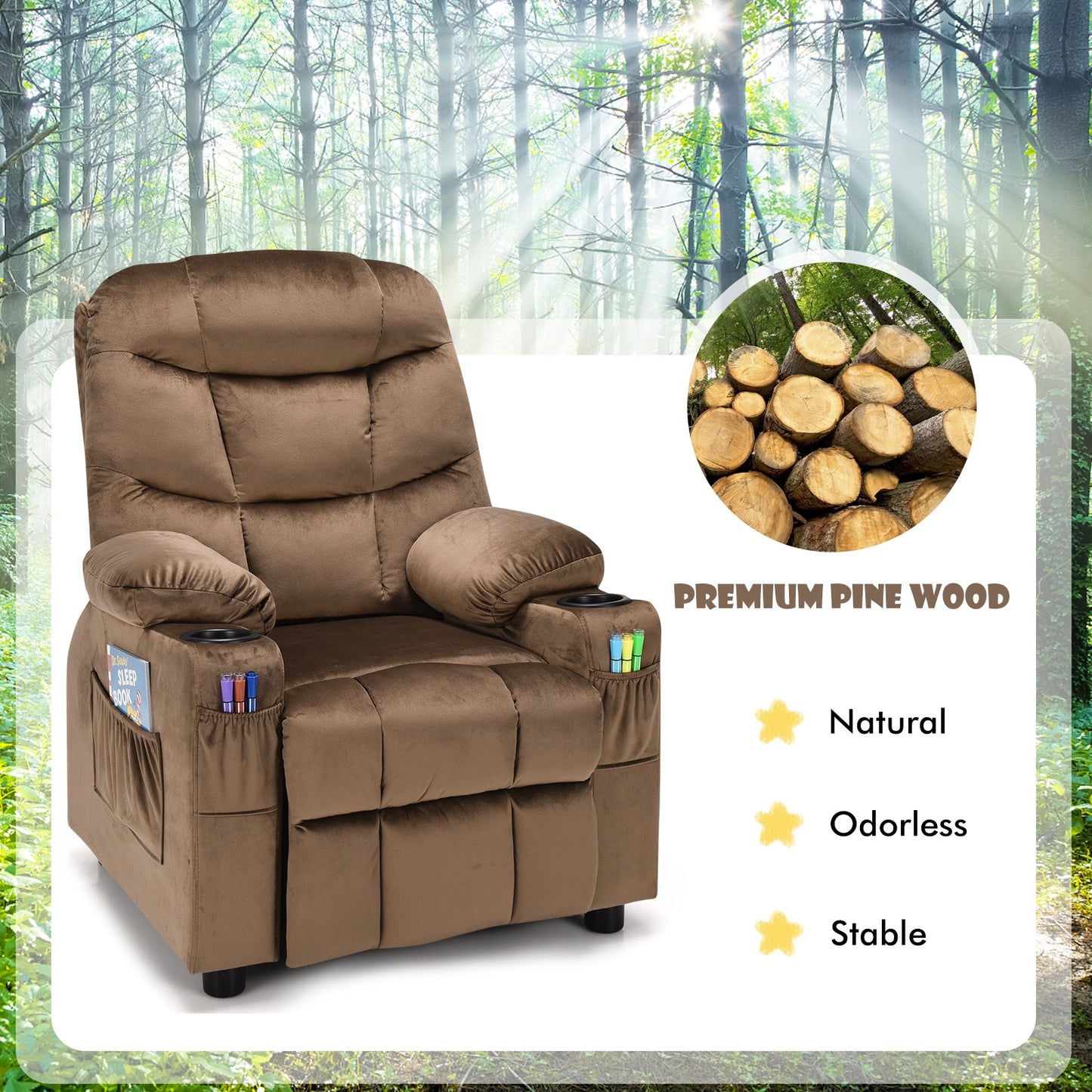 Kids Recliner Chair With Cup Holder, Footrest, Light Brown Kids Chairs & Seating at Gallery Canada