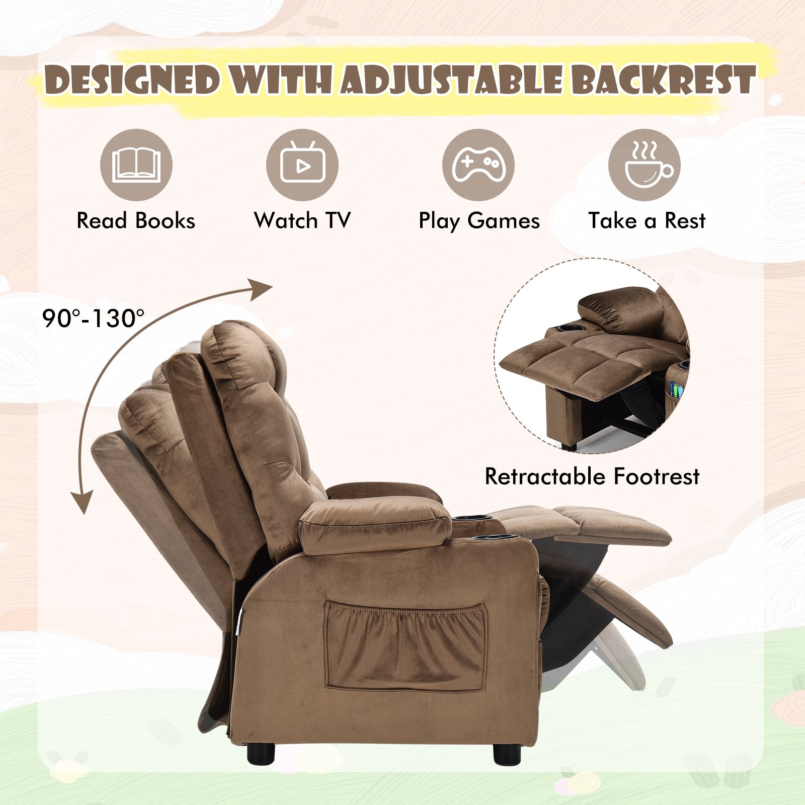 Kids Recliner Chair With Cup Holder, Footrest, Light Brown Kids Chairs & Seating at Gallery Canada