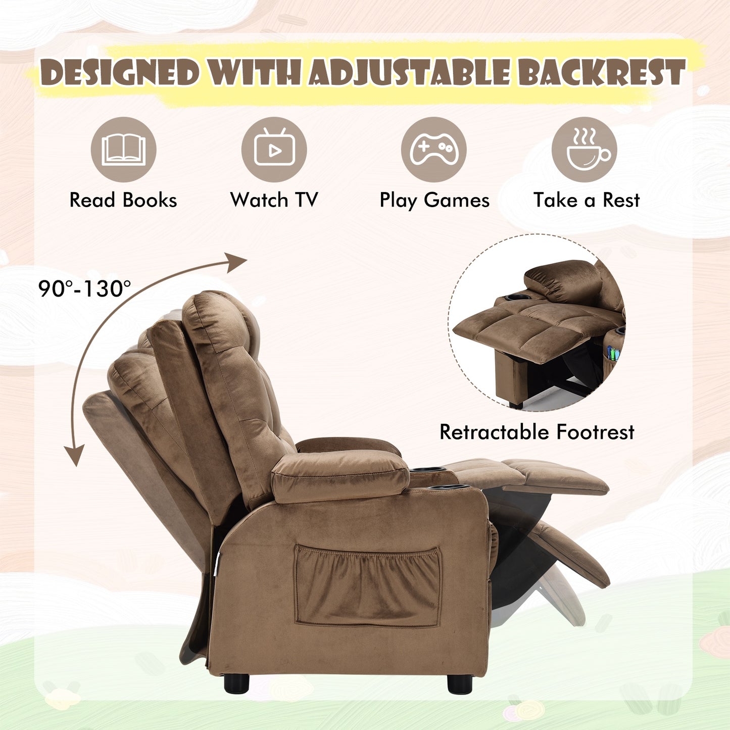 Kids Recliner Chair With Cup Holder, Footrest, Light Brown Kids Chairs & Seating at Gallery Canada