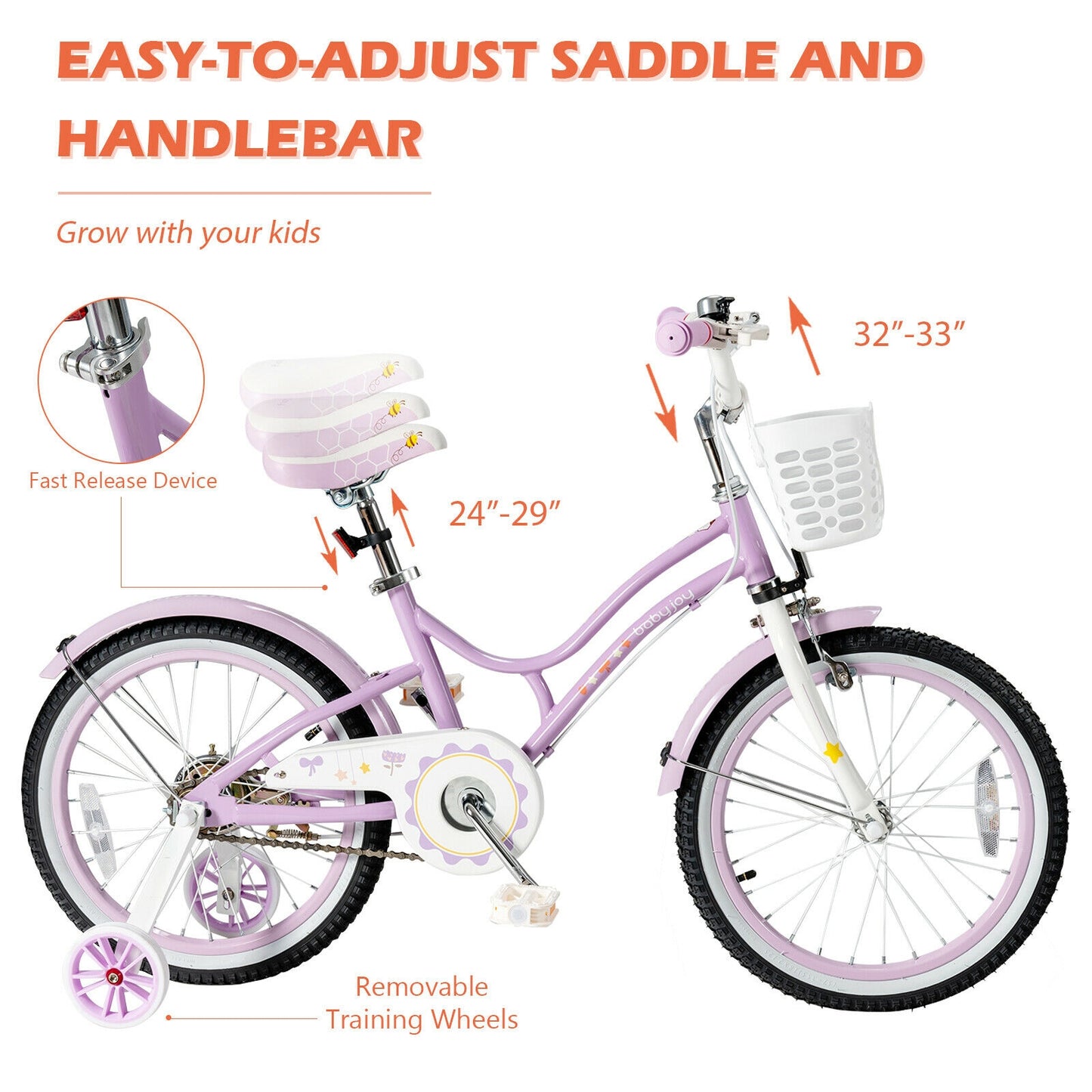 18 Inch Kids Adjustable Bike with Training Wheels, Purple Kids Bike at Gallery Canada