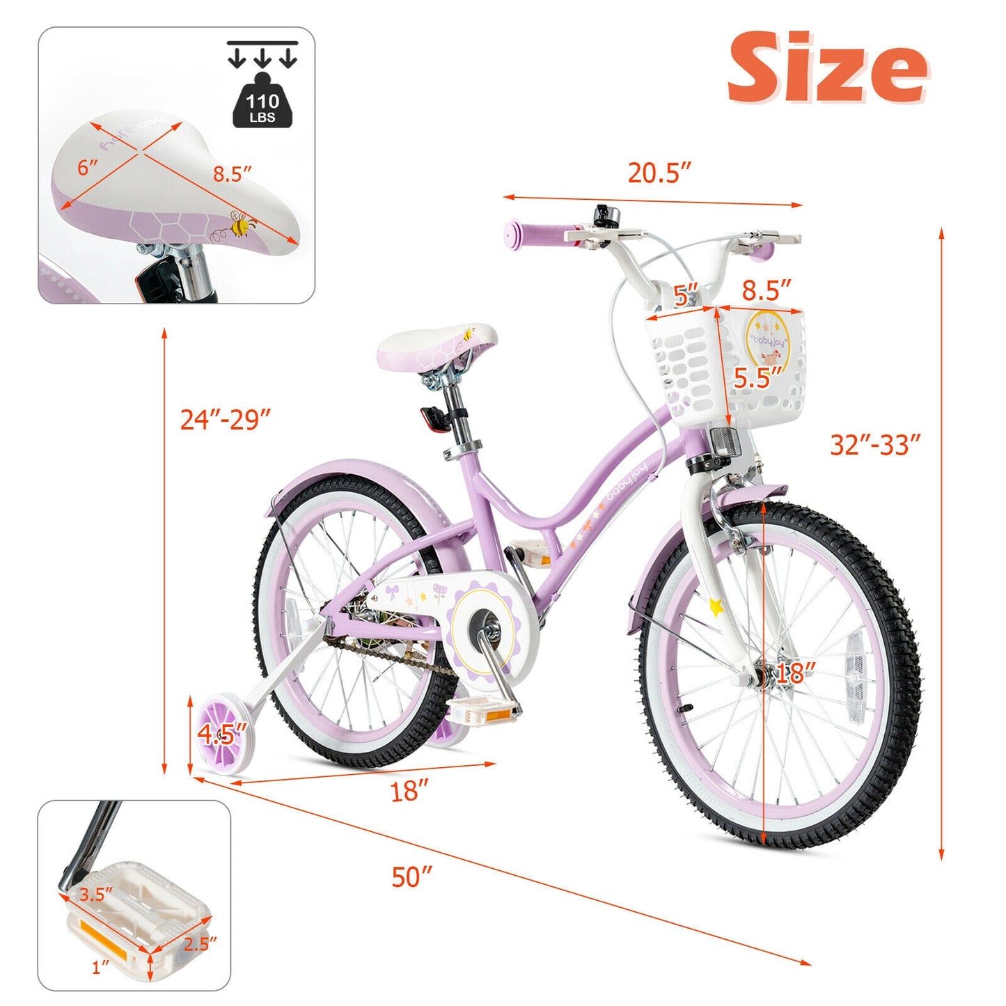 18 Inch Kids Adjustable Bike with Training Wheels, Purple Kids Bike at Gallery Canada