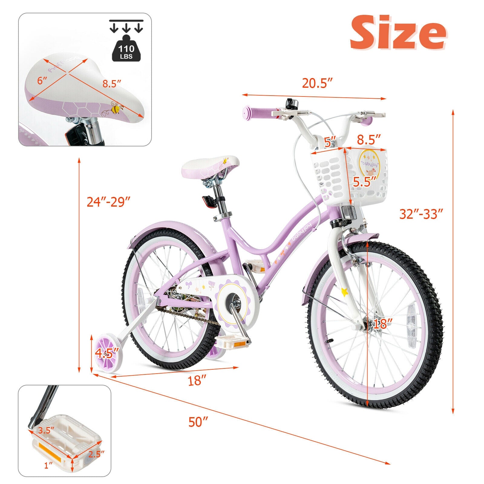 18 Inch Kids Adjustable Bike with Training Wheels, Purple Kids Bike at Gallery Canada