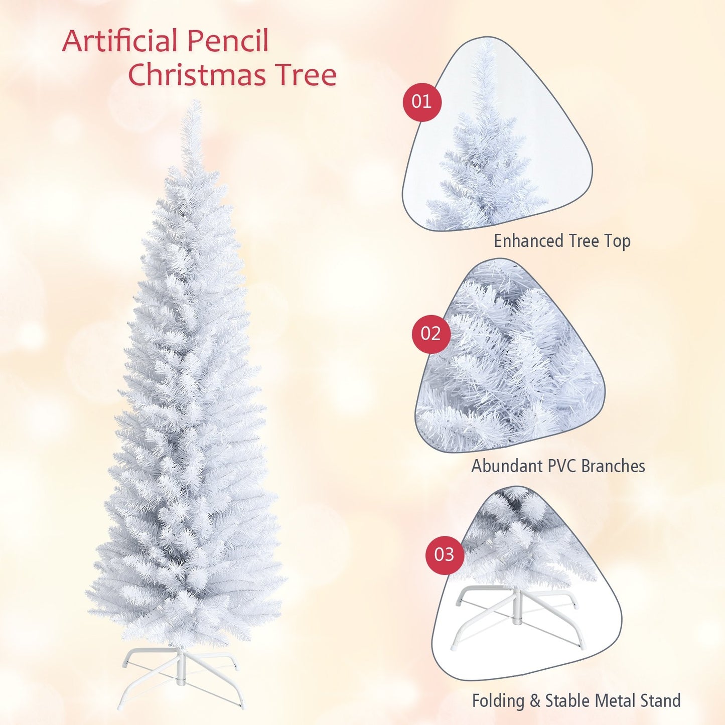 Slim Artificial Christmas Pencil Tree with PVC Needles and Folding Metal Stand-5', White - Gallery Canada