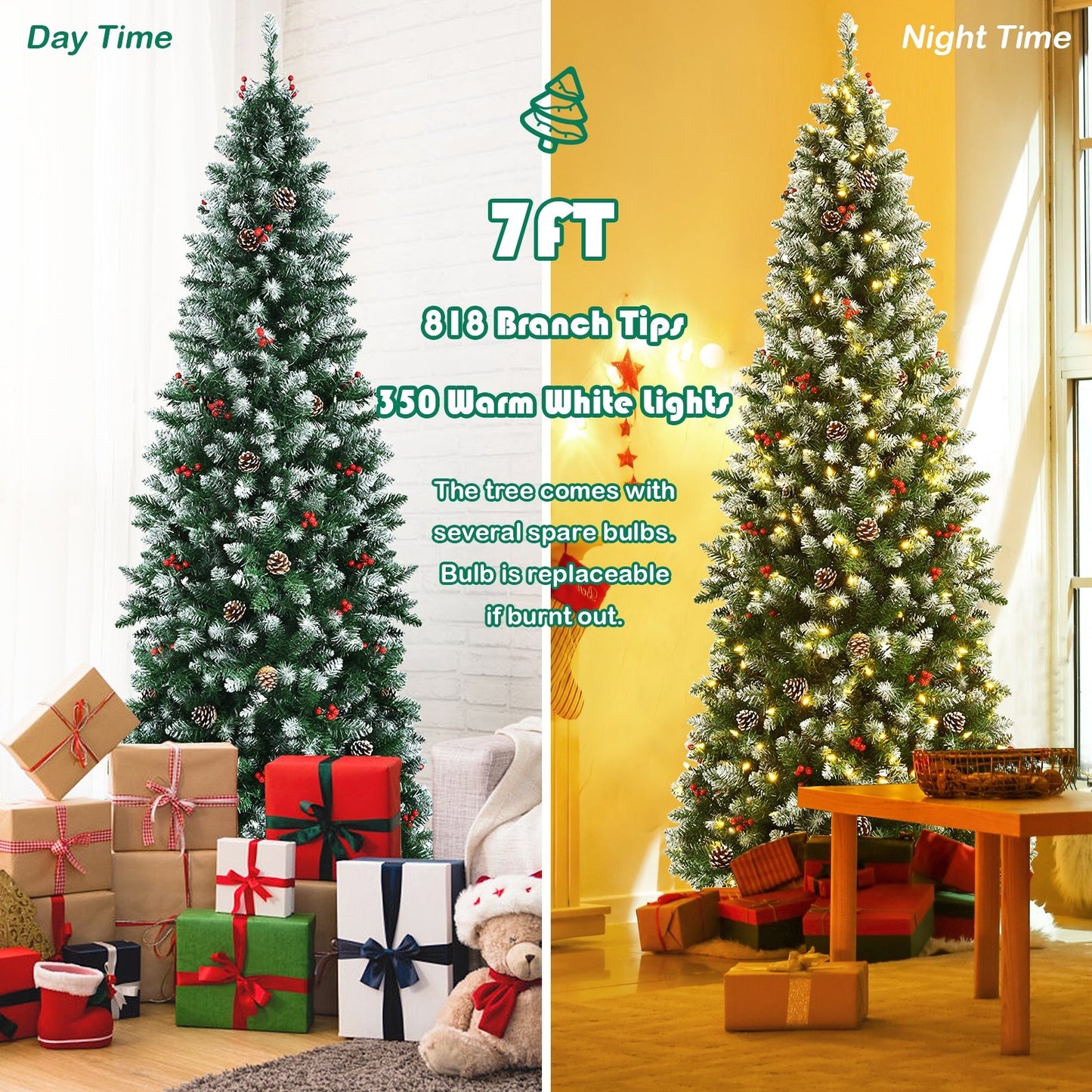 Pre-lit Artificial Pencil Christmas Tree with Pine Cones and Red Berries-7 ft, Green - Gallery Canada