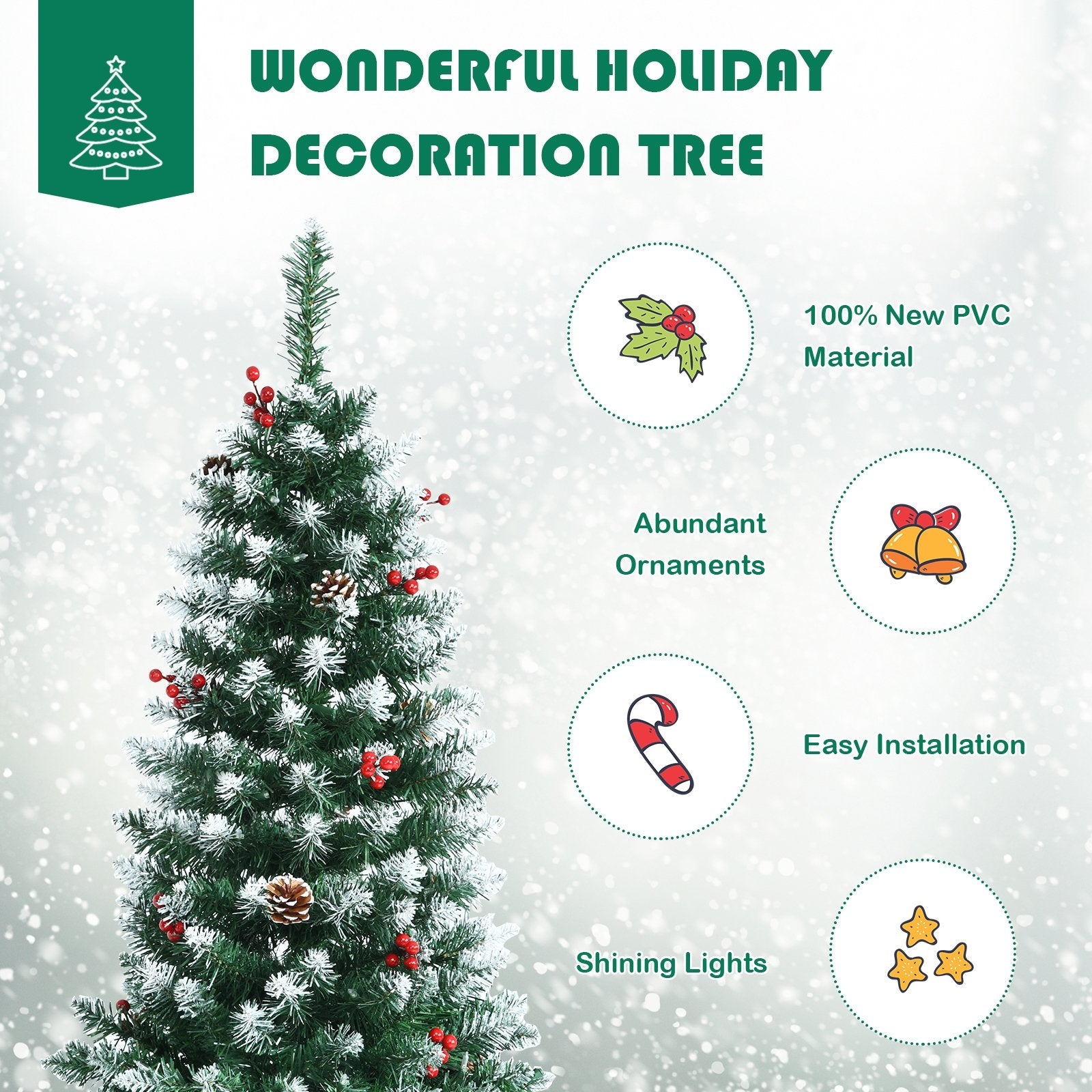Pre-lit Artificial Pencil Christmas Tree with Pine Cones and Red Berries-7 ft, Green - Gallery Canada