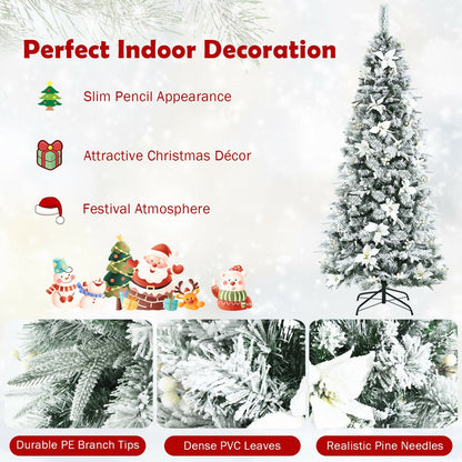Pre-lit Snow Flocked Christmas Tree with Berries and Poinsettia Flowers-7', White - Gallery Canada