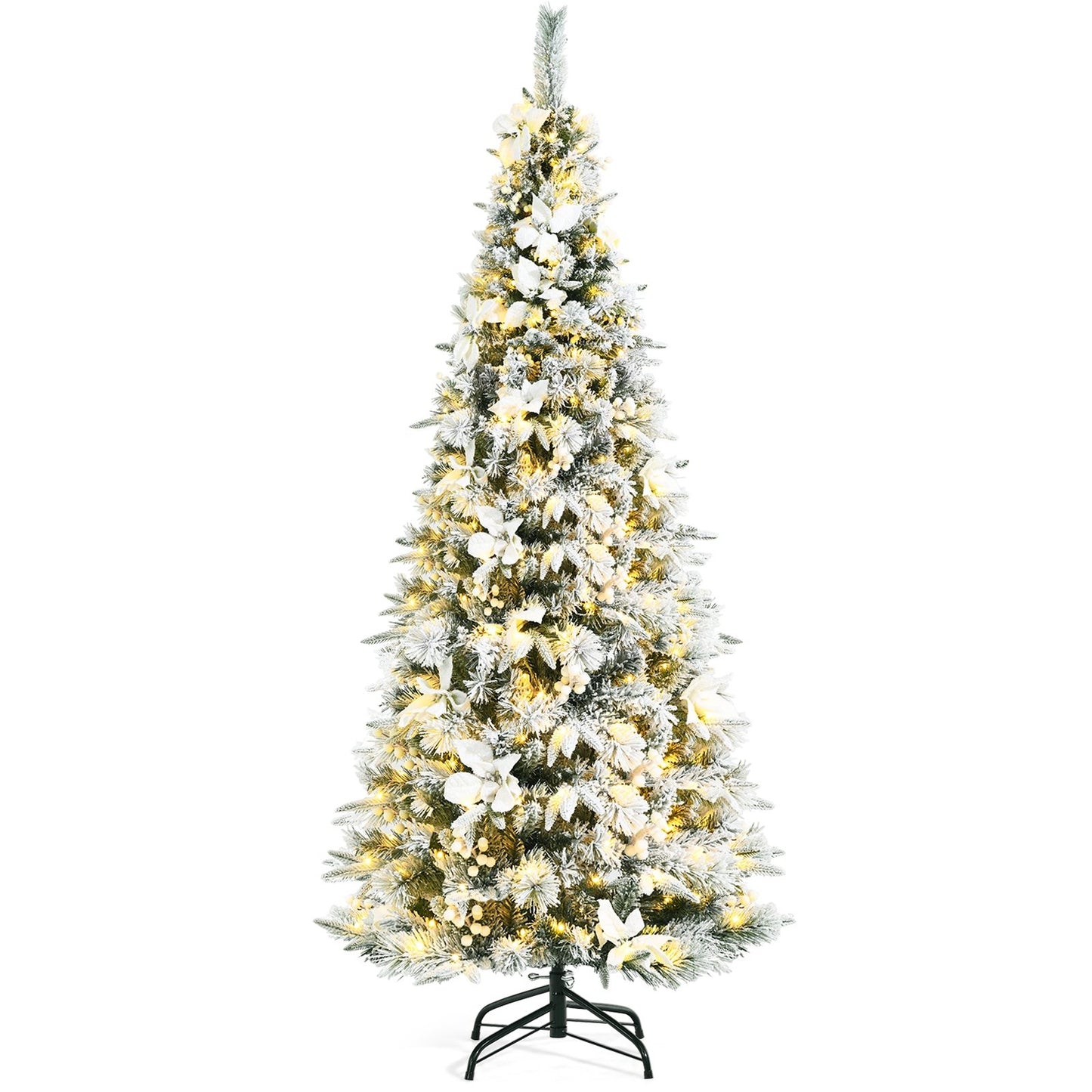 Pre-lit Snow Flocked Christmas Tree with Berries and Poinsettia Flowers-6', White - Gallery Canada