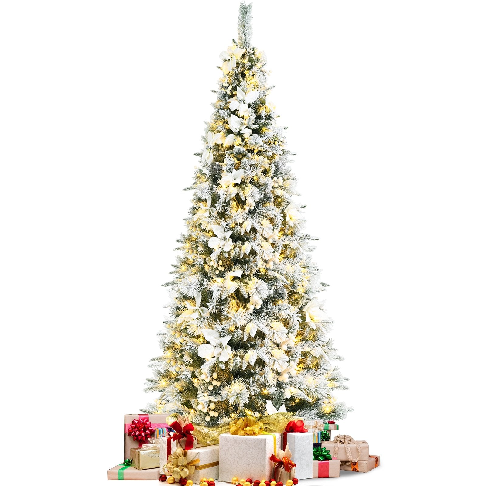 Pre-lit Snow Flocked Christmas Tree with Berries and Poinsettia Flowers-6', White - Gallery Canada