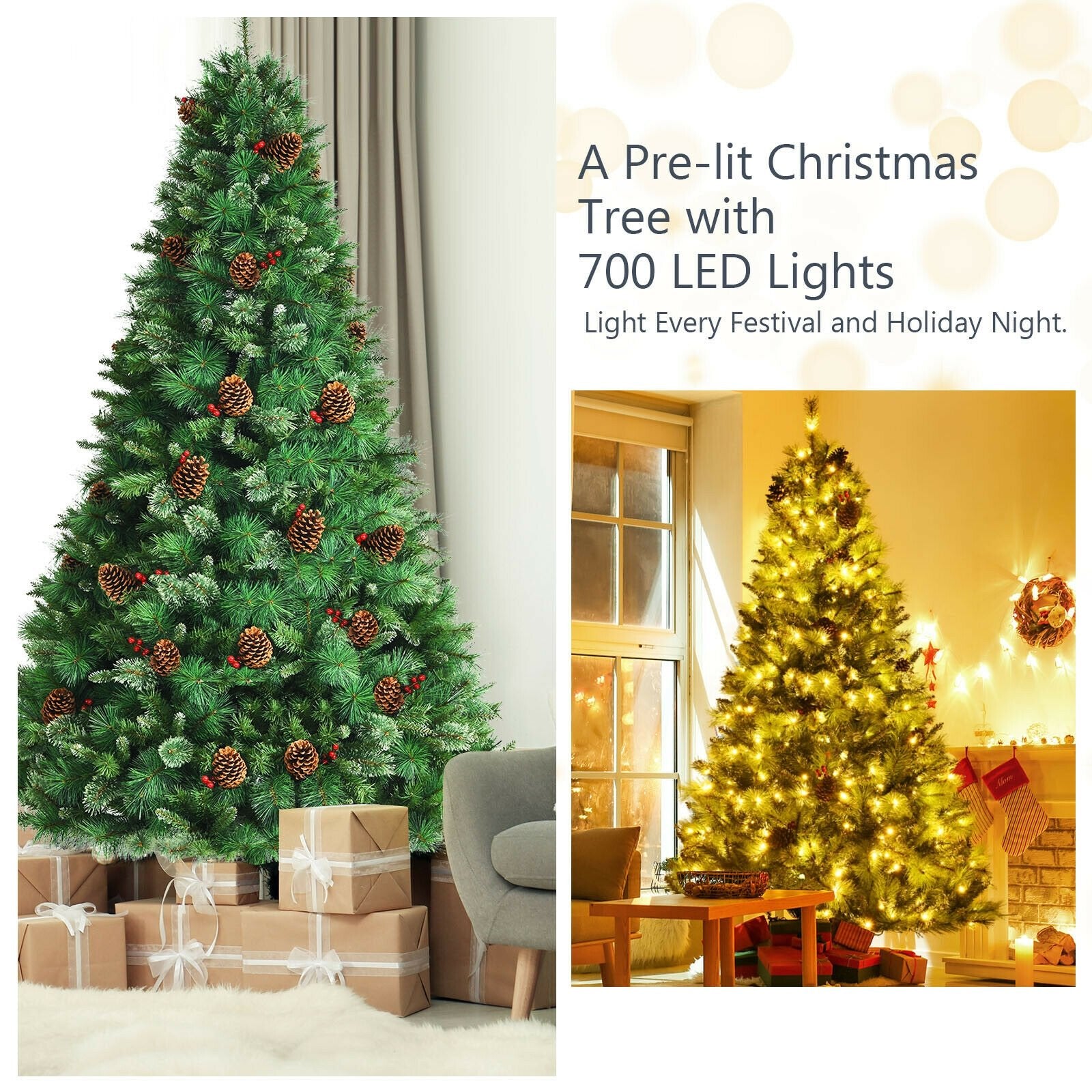 Pre-lit Hinged Christmas Tree with Pine Cones and Red Berries-8', Green - Gallery Canada
