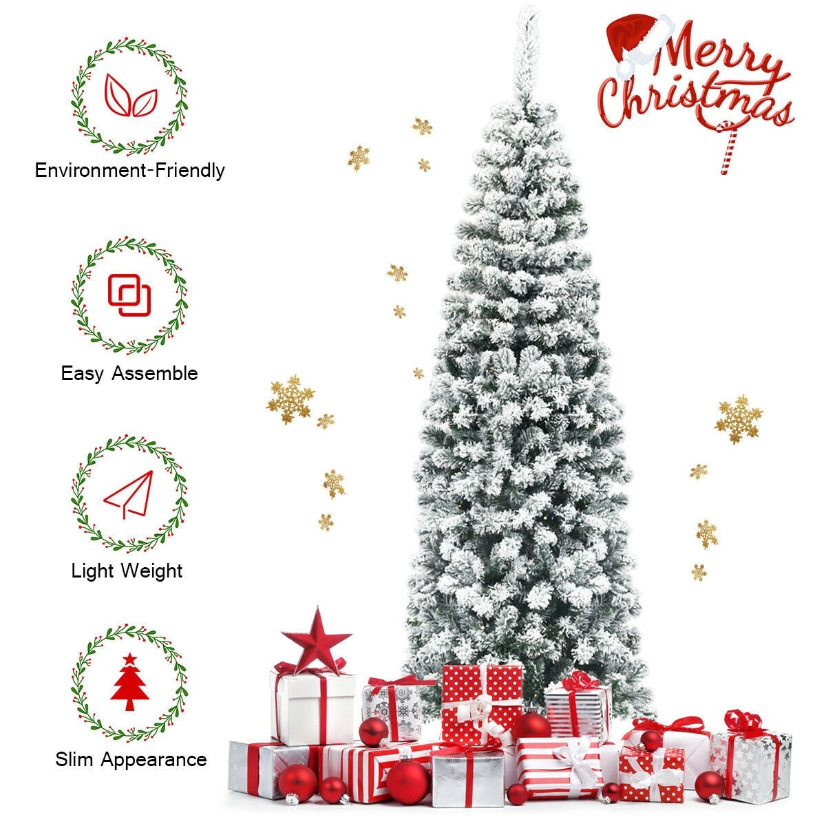 6 Feet Unlit Hinged Snow Flocked Artificial Pencil Christmas Tree with 500 Branch Tip, Green - Gallery Canada