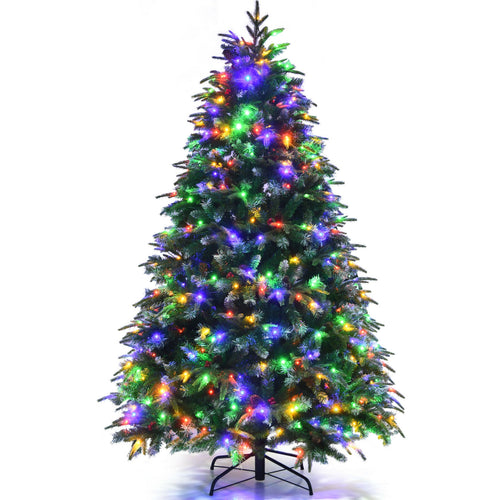 Pre-Lit Snowy Christmas Hinged Tree with Flash Modes and Multi-Color Lights-6 ft, Green