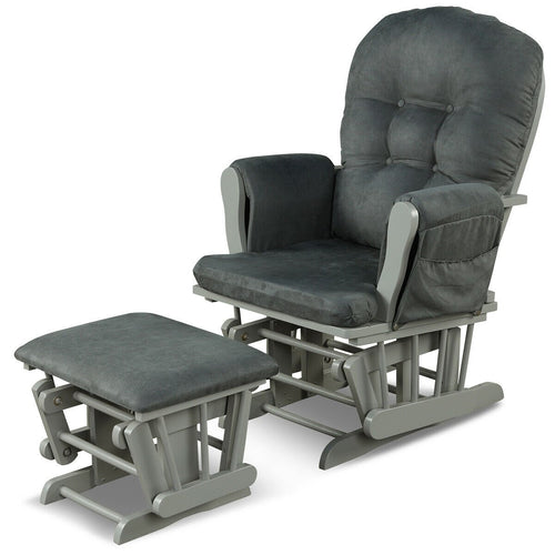 Wood Glider and Ottoman Set with Padded Armrests and Detachable Cushion, Dark Gray