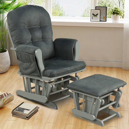 Wood Glider and Ottoman Set with Padded Armrests and Detachable Cushion, Dark Gray