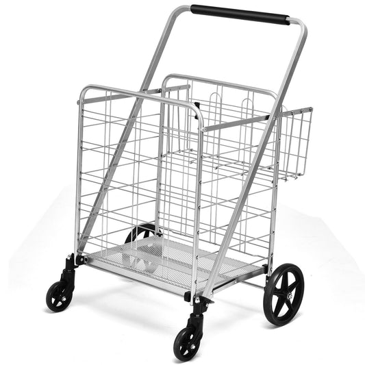 Heavy Duty Folding Utility Shopping Double Cart, Silver
