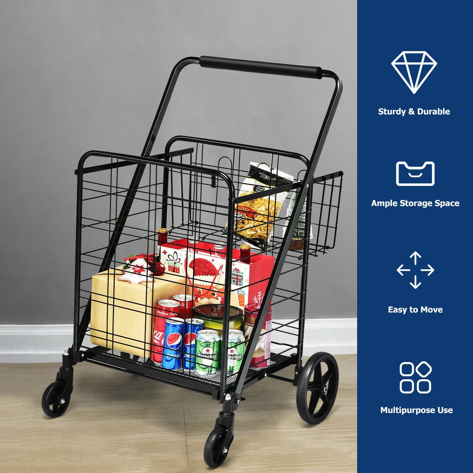 Heavy Duty Folding Utility Shopping Double Cart, Black Kitchen Tools at Gallery Canada