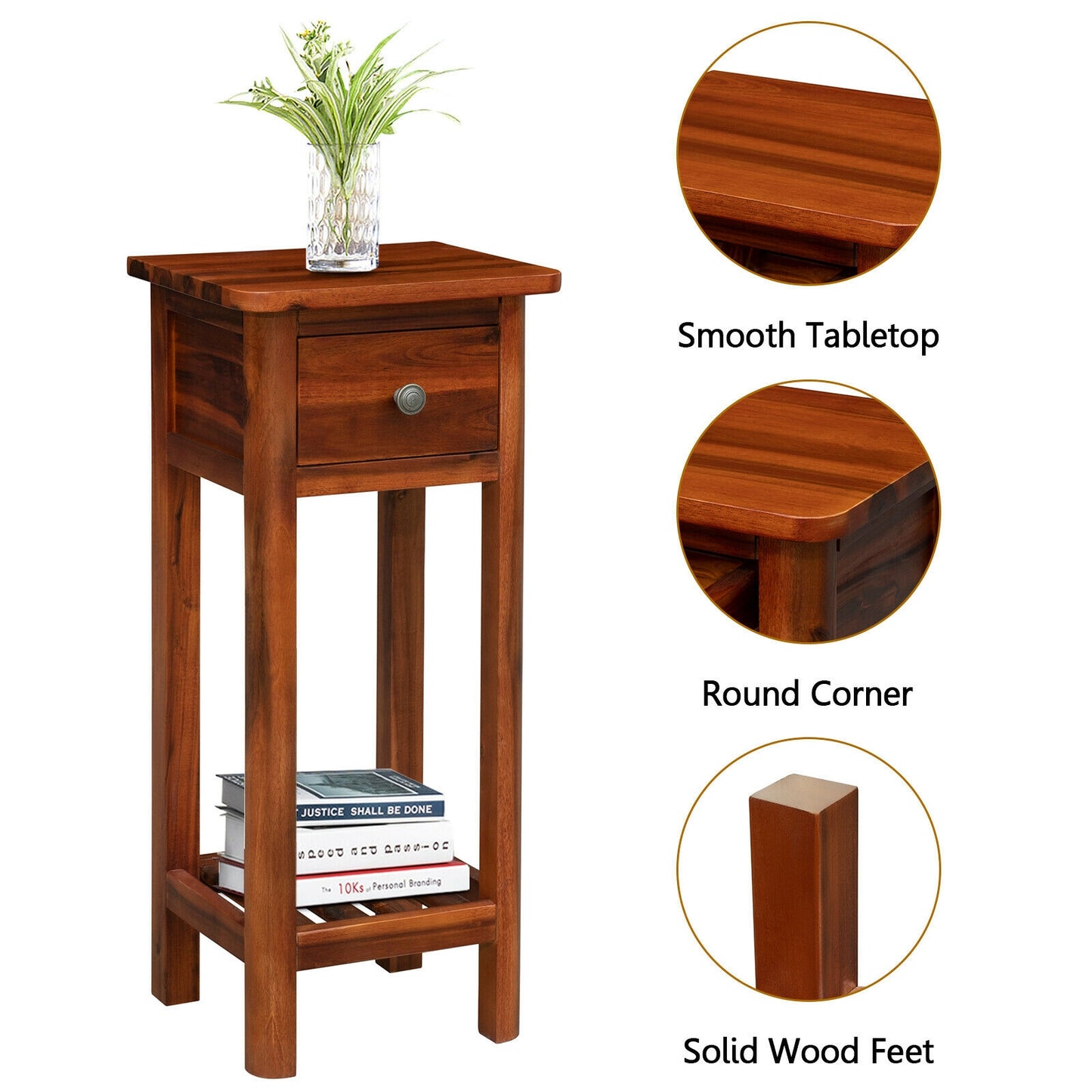 2 Tier End Bedside Table with Drawer Shelf, Brown Nightstands at Gallery Canada
