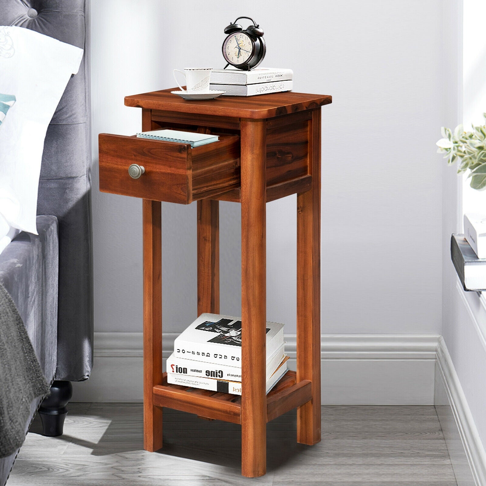 2 Tier End Bedside Table with Drawer Shelf, Brown Nightstands at Gallery Canada