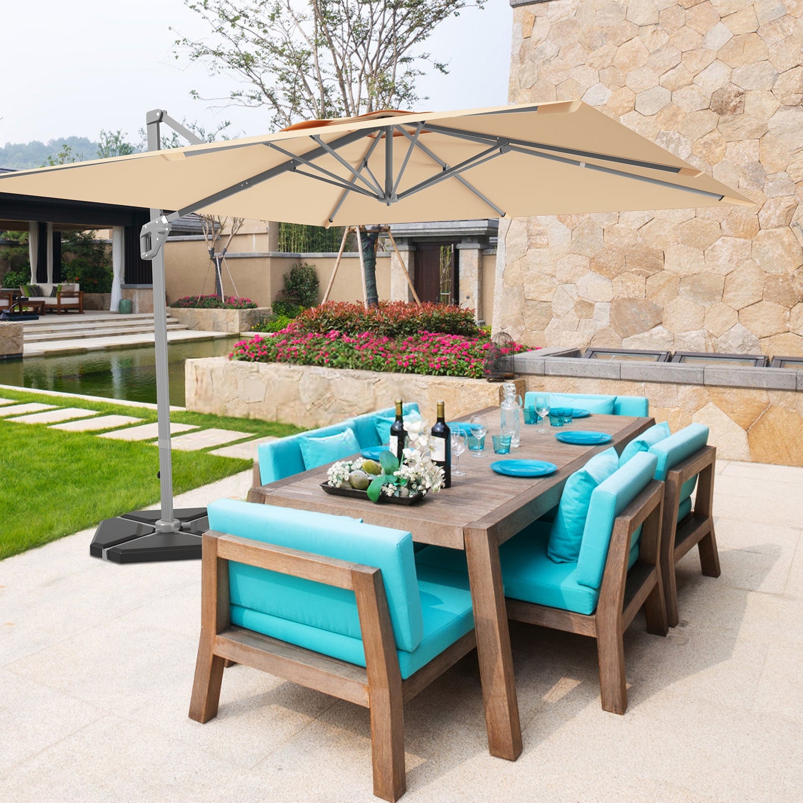 10 x 10 Feet Patio Offset Cantilever Umbrella with Aluminum 360-degree Rotation Tilt, Beige Outdoor Umbrellas at Gallery Canada