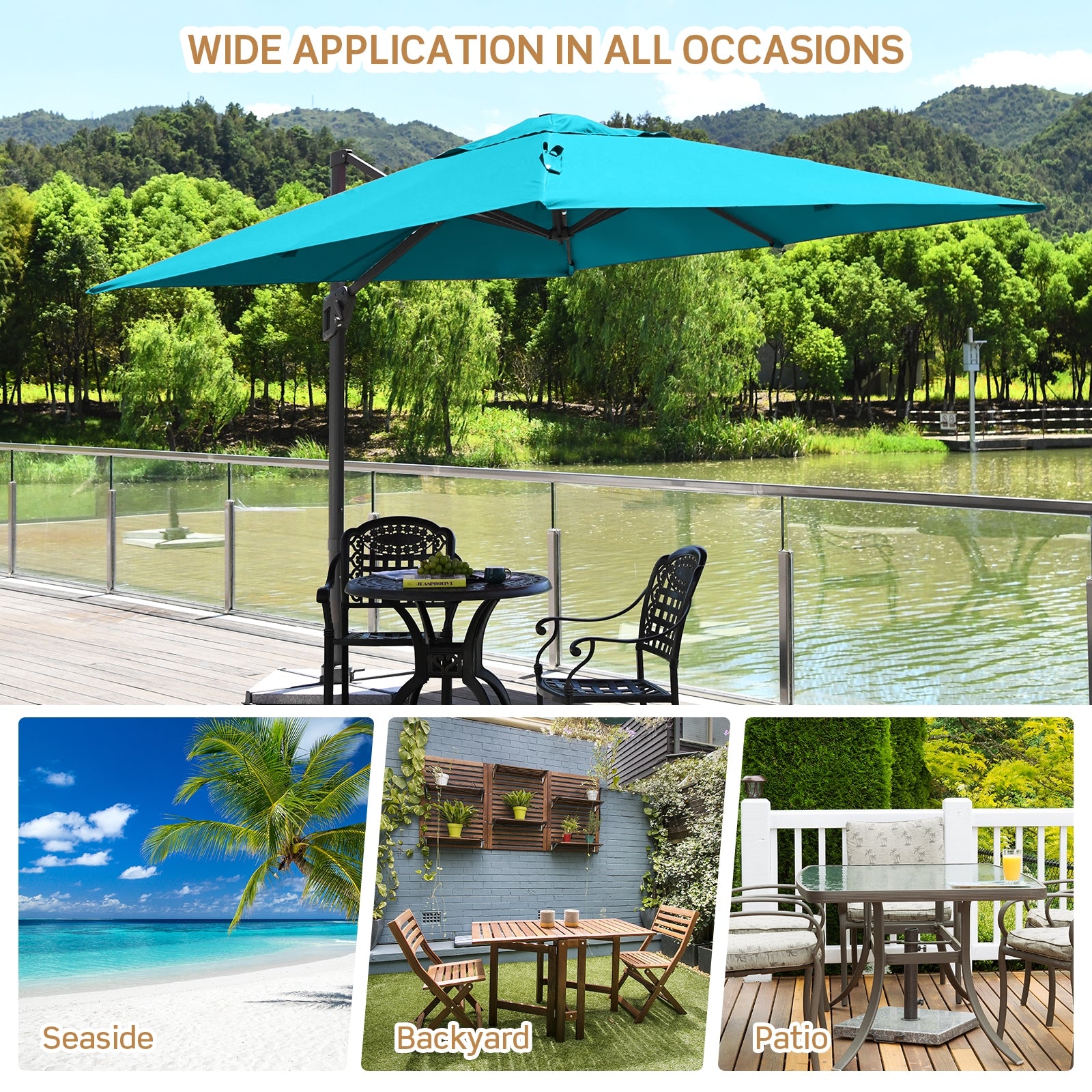 10 x 10 Feet Patio Offset Cantilever Umbrella with Aluminum 360-degree Rotation Tilt, Turquoise Outdoor Umbrellas at Gallery Canada