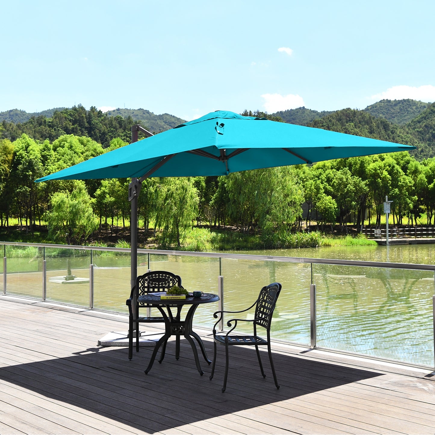 10 x 10 Feet Patio Offset Cantilever Umbrella with Aluminum 360-degree Rotation Tilt, Turquoise Outdoor Umbrellas at Gallery Canada