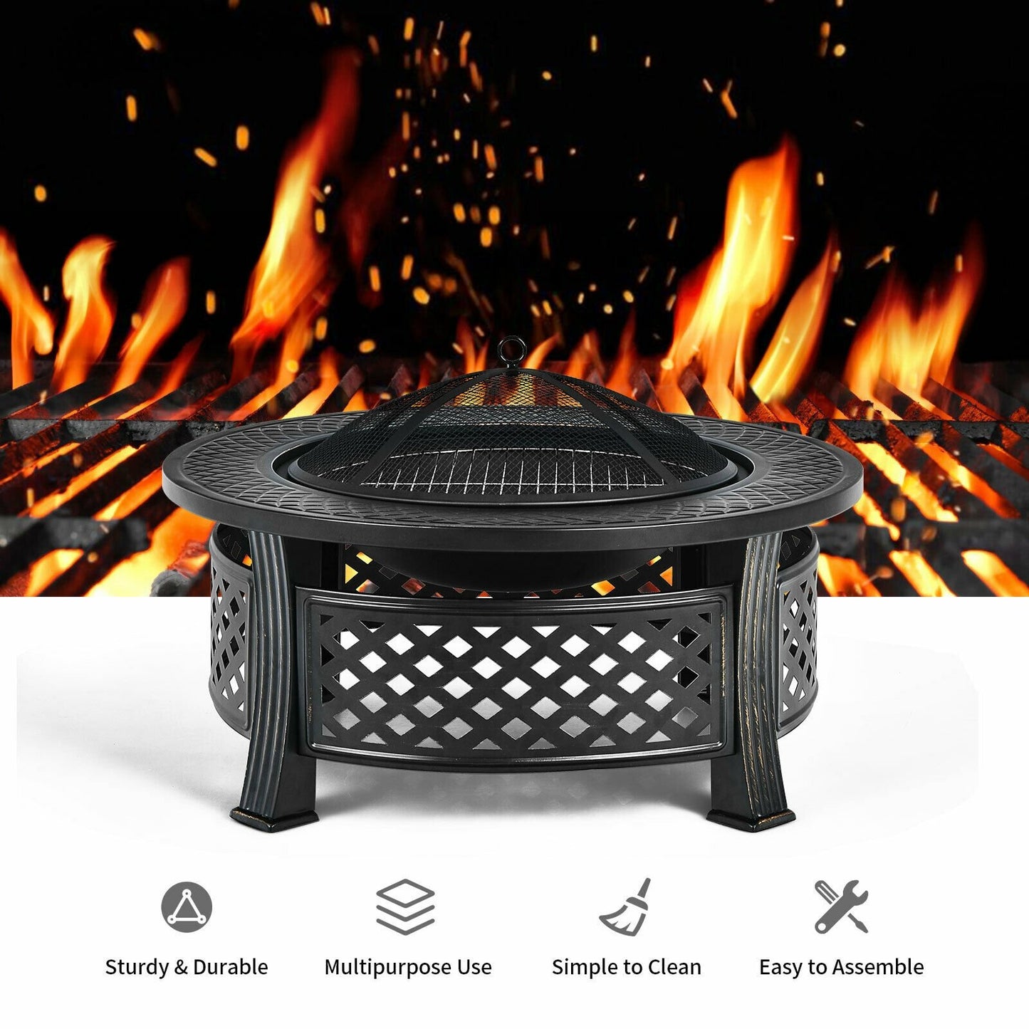 Outdoor Fire Pit with BBQ Grill and High-temp Resistance Finish, Black - Gallery Canada