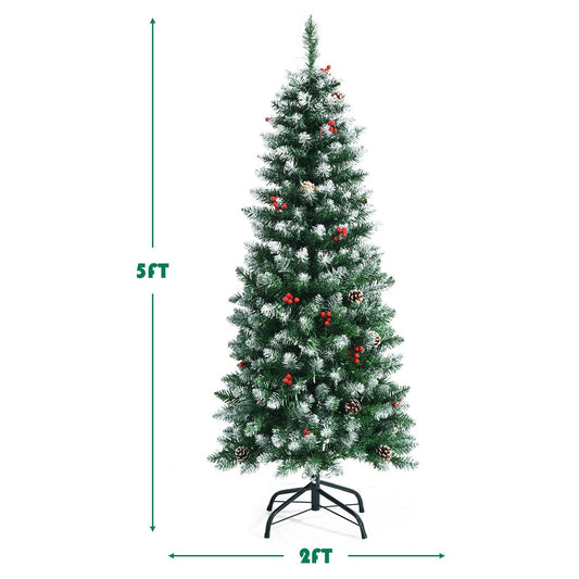 Pre-lit Artificial Pencil Christmas Tree with Pine Cones and Red Berries-5 ft, Green - Gallery Canada