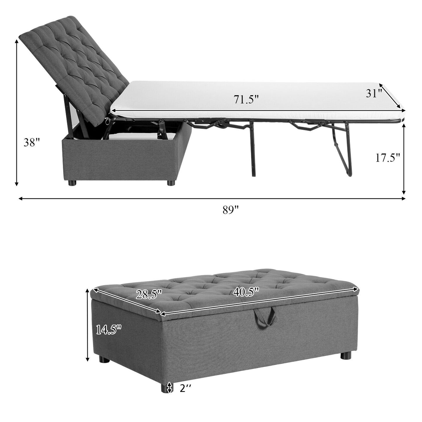 Folding Ottoman Sleeper Bed with Mattress for Guest Bed and Office Nap, Gray - Gallery Canada