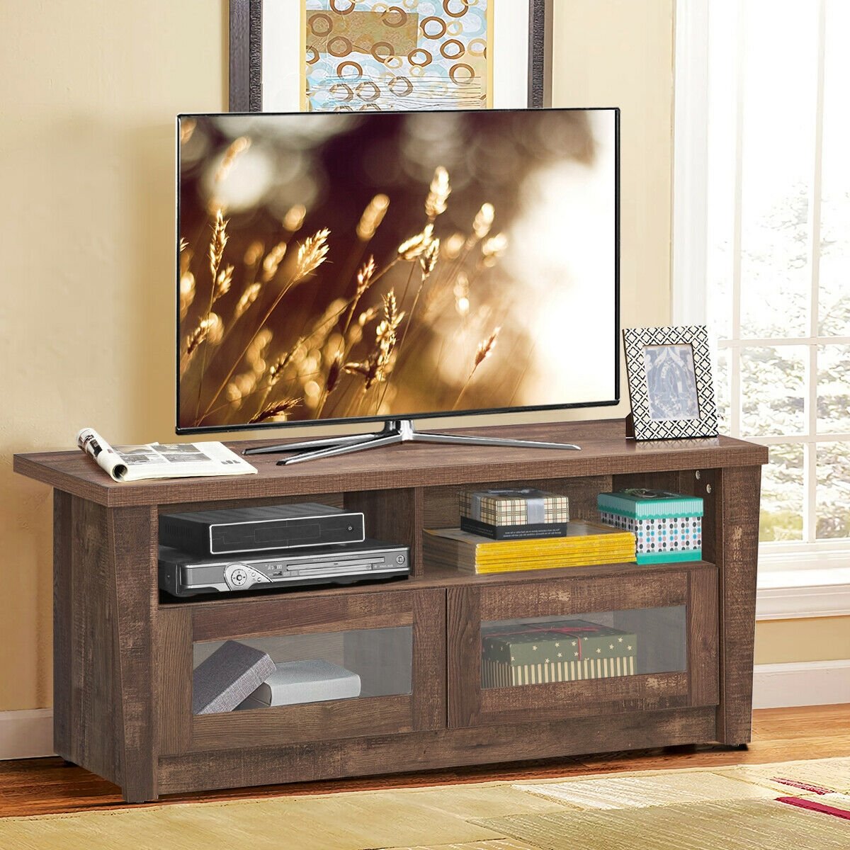 Wooden TV Stand with 2 Open Shelves and 2 Door Cabinets, Coffee - Gallery Canada