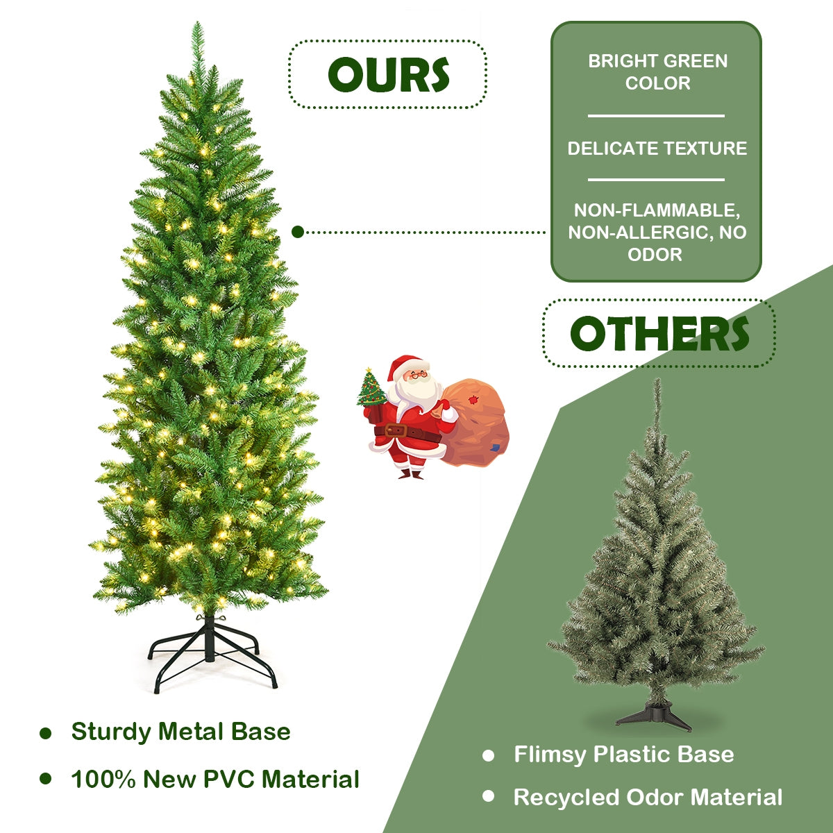 6 Feet PVC Hinged Pre-lit Artificial Fir Pencil Christmas Tree with 150 Lights-6 ft, Green Christmas Tree at Gallery Canada
