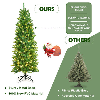 6 Feet PVC Hinged Pre-lit Artificial Fir Pencil Christmas Tree with 150 Lights-6 ft, Green Christmas Tree at Gallery Canada