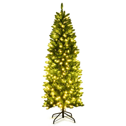 6 Feet PVC Hinged Pre-lit Artificial Fir Pencil Christmas Tree with 150 Lights-6 ft, Green Christmas Tree at Gallery Canada