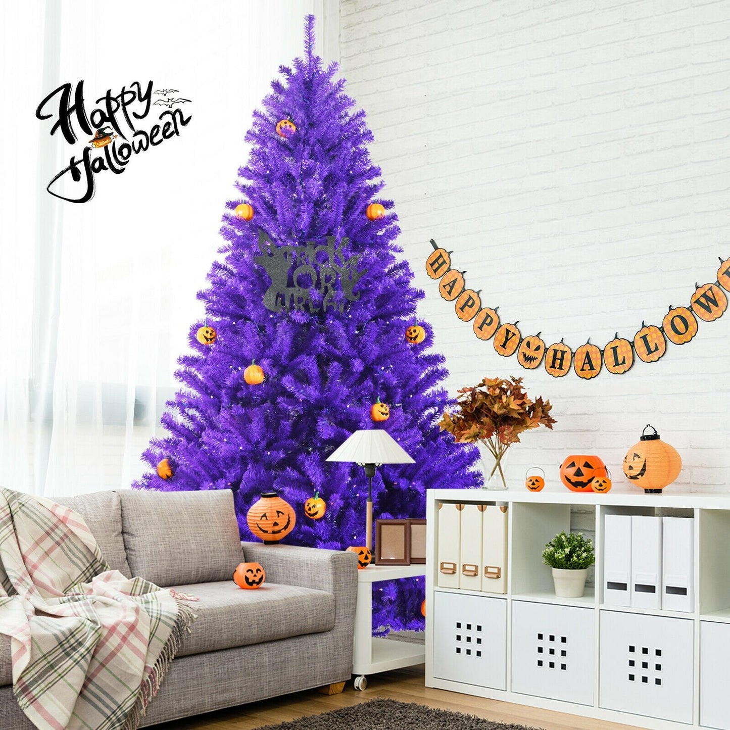 Artificial Prelit Purple Halloween Tree with Orange Lights and Pumpkin Ornaments-7', Purple - Gallery Canada