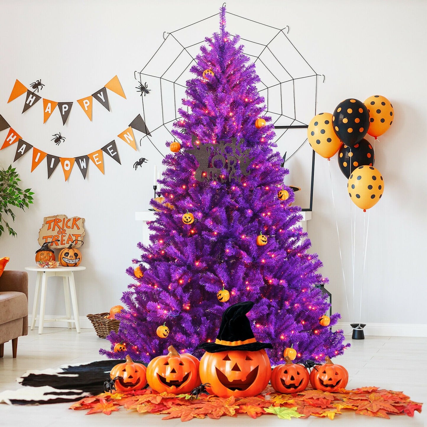 Artificial Prelit Purple Halloween Tree with Orange Lights and Pumpkin Ornaments-7', Purple - Gallery Canada